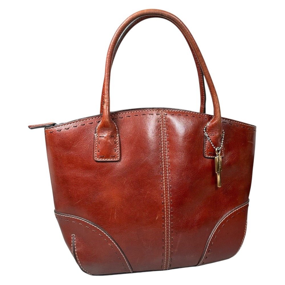 Vintage Fossil Cognac Leather Satchel Double Handle Bag Classic Y2K Key Charm